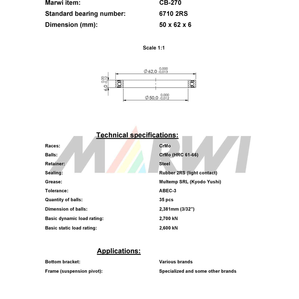 Marwi Union Kogellager CB-270 6710 2RS 50X62X6