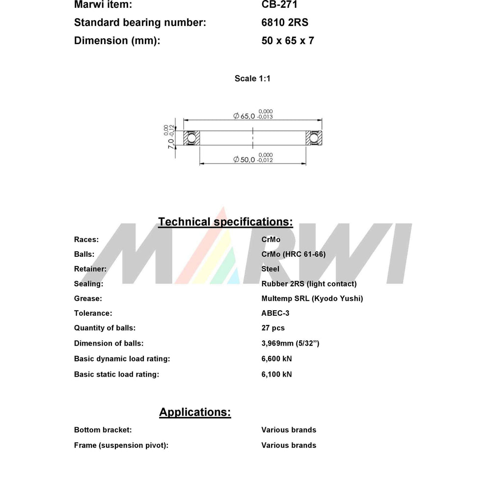 Marwi union kogellager ball bearing union cb-271 50x65x7
