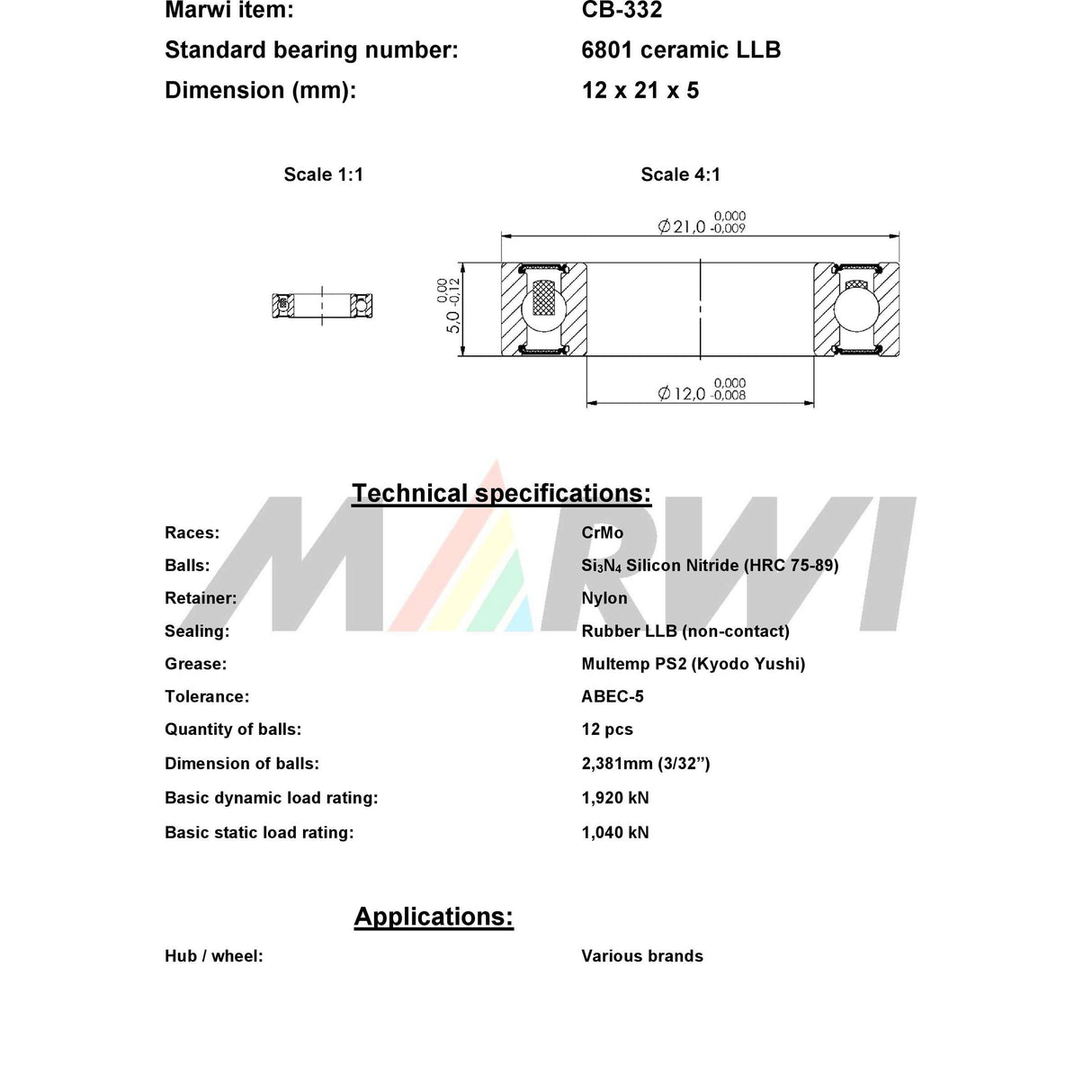 Union Kogellager CB-332 6801 LLB 12x21x5 Cerâmica