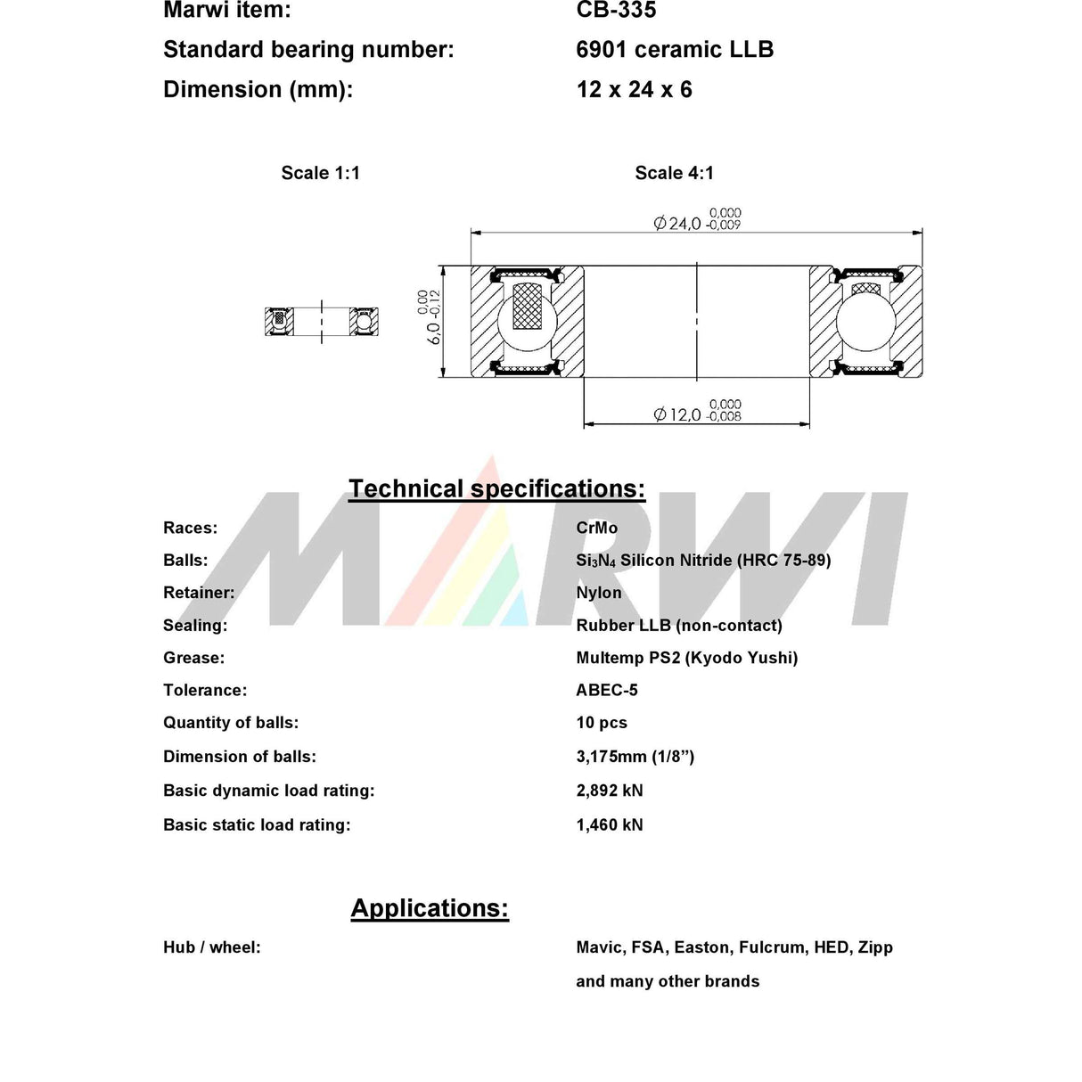 Union Kogellager CB-335 6901 LLB 12x24x6 keramik
