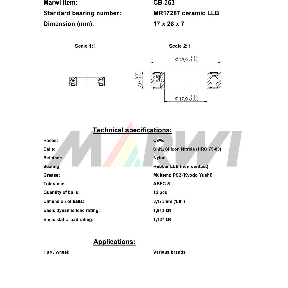 Union Kogellager CB-353 LBB MR17287 17X28X7 CERAMIC