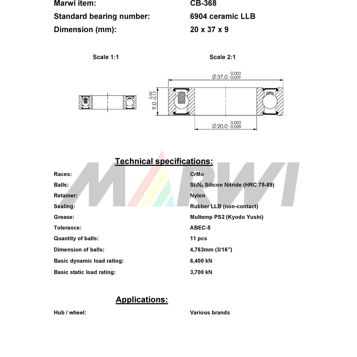 Union Kogellager CB-368 6904 LLB 20x37x9 keramikk
