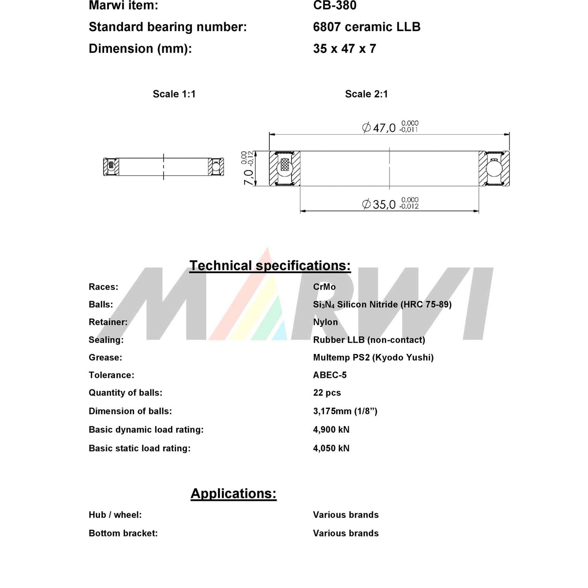 Union Kogellager CB-380 6807 LLB 35x47x7 keramikk