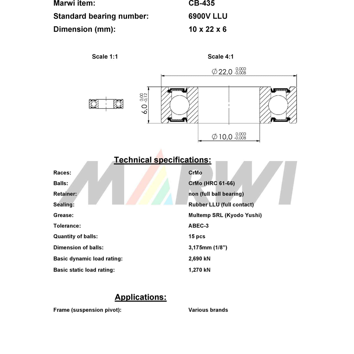 Marwi union kogellager ball bearing union cb-435 10x22x6
