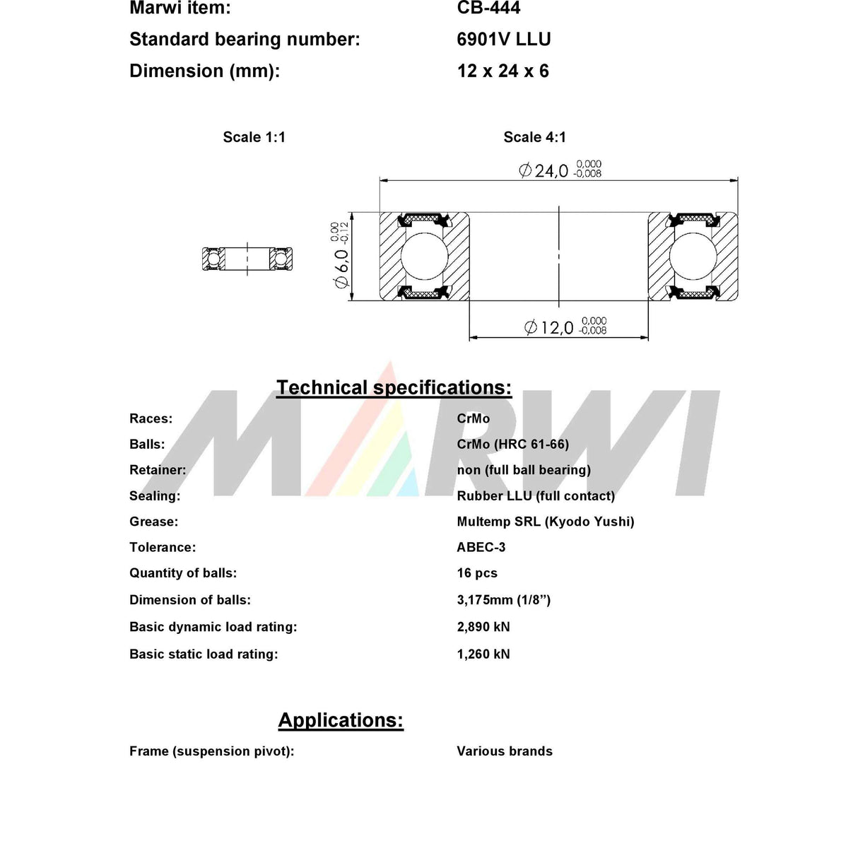 Union kogellager ball bearing cb-444 12x24x6