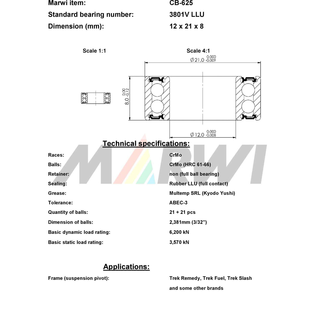 Union ball bearing cb-625 12x21x8