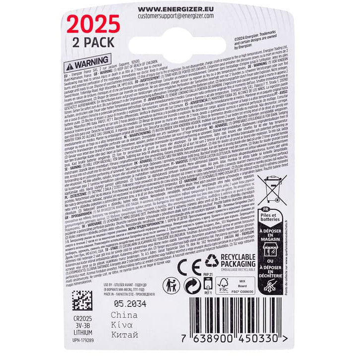 Enerdis energizer battery lithium 3v cr2025 blister (2pcs)