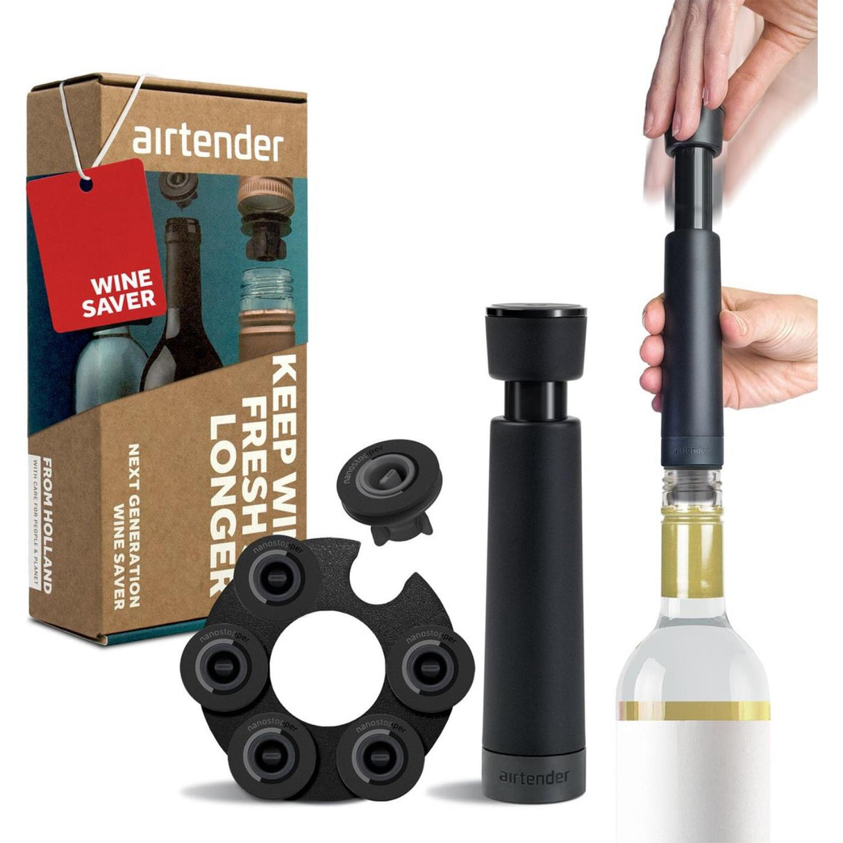 AirTender Vacuum set para vino - Bomba de aspiración de caja de regalo + 6 nanoestopperios