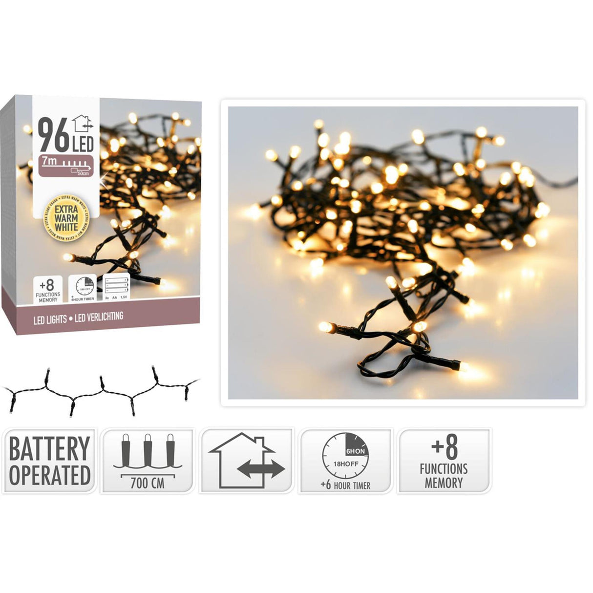 Kerstverlichting 96led batterij warm wit