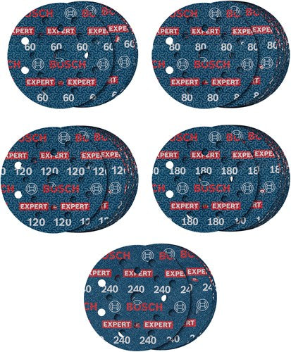 Bosch Accessories Expert Juego de 55 discos abrasivos o780 con lámina de base, 125 mm, 5xg60; 15xg80; 15xg120; 15xg180; 5xg240 - 2608902429