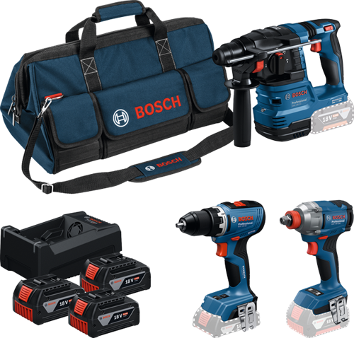 Bosch kit de herramientas bateria azul 3 kit de herramientas 18v gsr 18v-65 + gdx 18v-285 + gbh 18v-22 | 3x gba 18v 5.0ah + cargador gal 12v-18v-80 - 0615a50093
