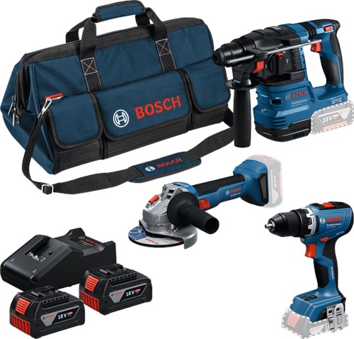 Bosch kit de herramientas bateria azul 3 kit de herramientas 18v gsr 18v-65 + gws 18v-8 + gbh 18v-22 | 2x gba 18v 4.0ah + cargador gal 18v-40 - 0615a50094