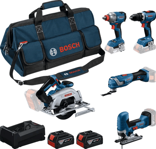 Kit de ferramentas de bateria azul Bosch 5-kit de ferramentas 18v | gsr 18v-65 + gdx 18v-285 + gks 18v-57-2 + gop 18v-34 + gst 18v-125 s | incluindo. 2x gba 18v 5.0ah + carregador - 0615a500bv