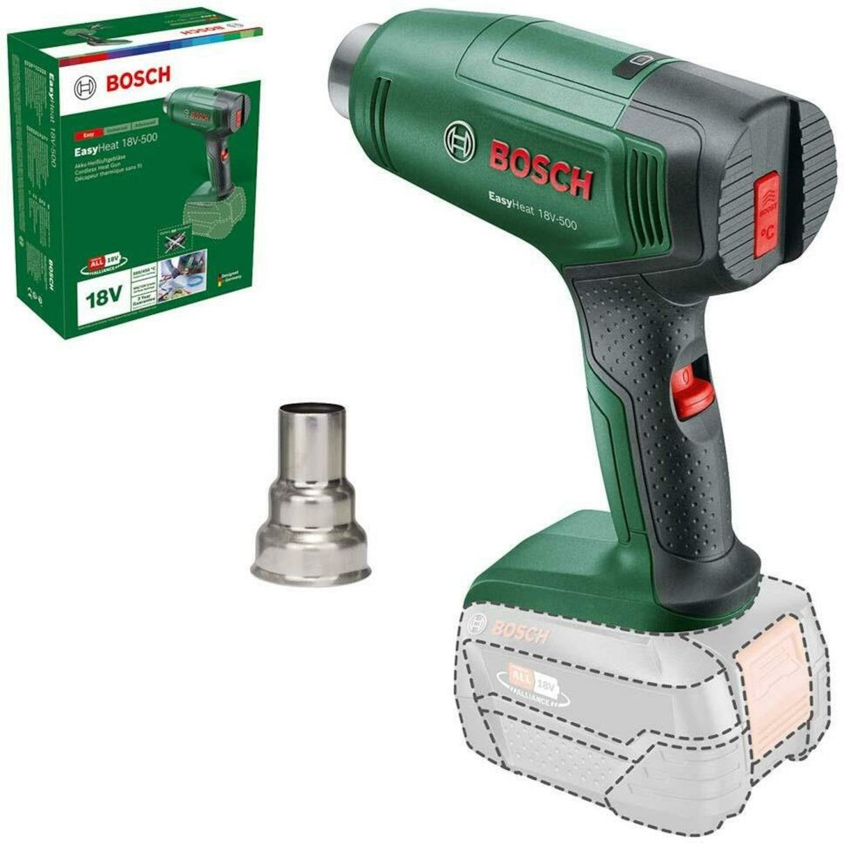 Bosch groen easyheat 18v-500 accuheteluchtpistool | incl. reduceermondstuk | zonder accu en lader - 06032a8000