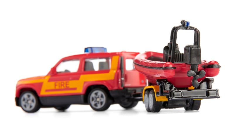 Siku brandweerwagen land rover defender met reddingsboot