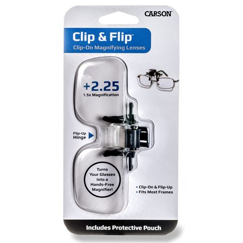 Carson magnifying glasses 1.5x (+2.25 diopter) clip-on and flip-up