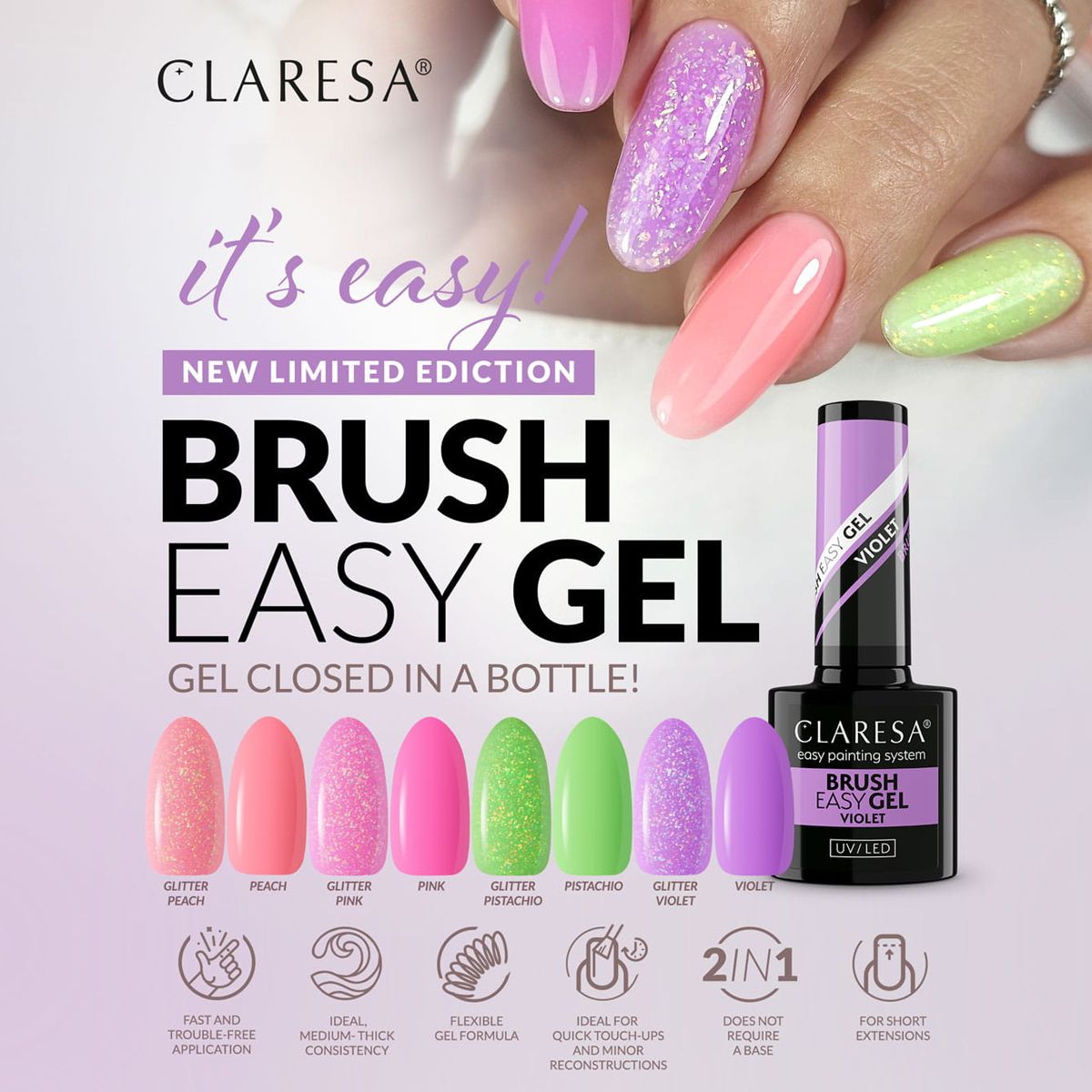 Claresa børste easy gel glitter pink 5ml