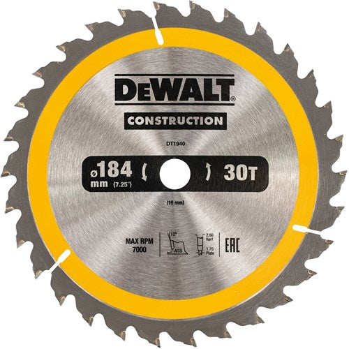 Dewalt accessoires cirkelzaagblad 184x16x30t, positief 10°, kerf 2,6mm - dt1940-qz