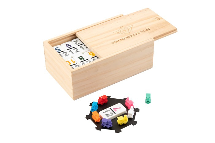 Engelhart Domino game Mexican train wood natural white 101-piece