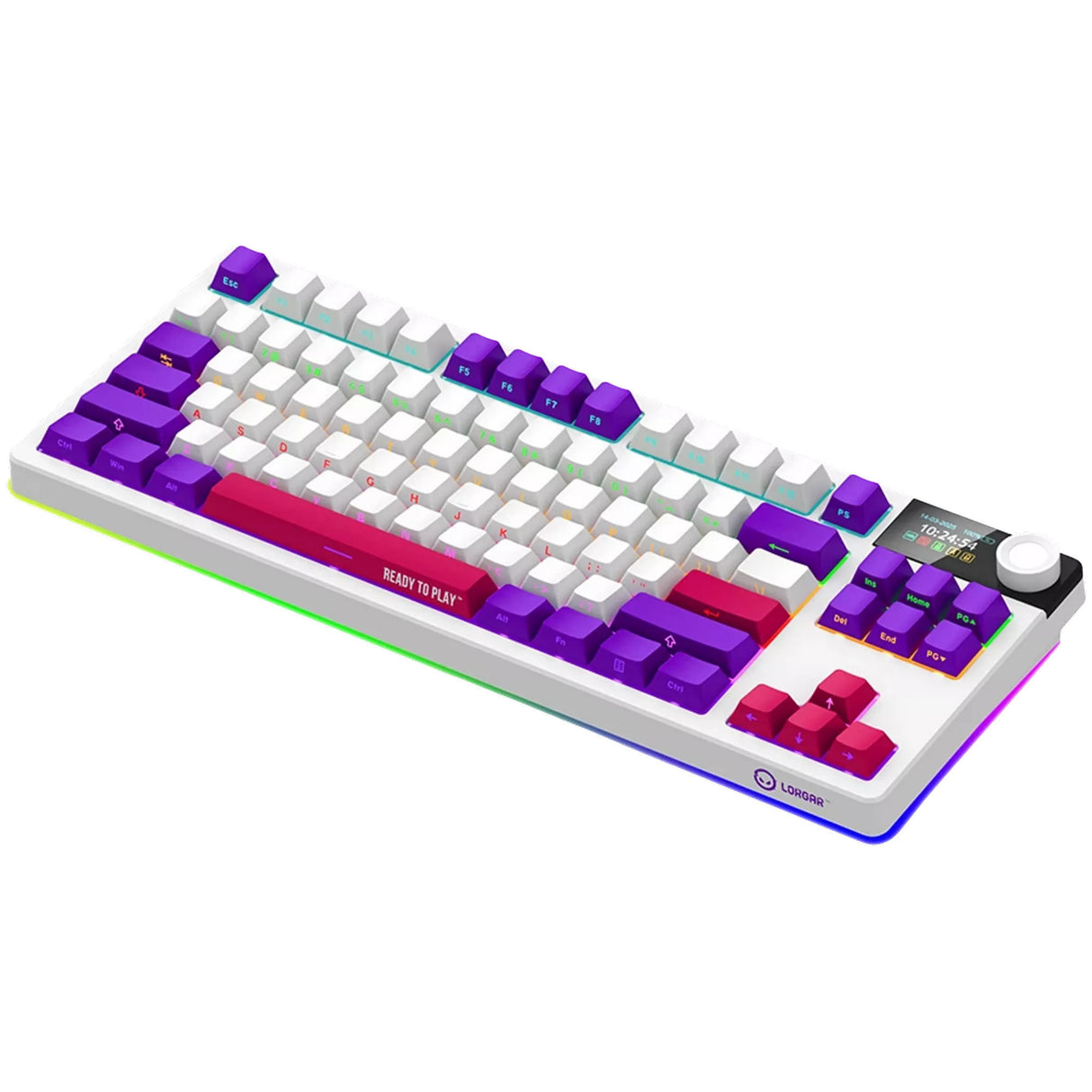 Lorgar kbp70tklw, gaming toetsenbord (wit, us lay-out, logar toxic purple, tkl, rgb, hot-swappable, pbt double-shot, bluetooth 2.4ghz usb)