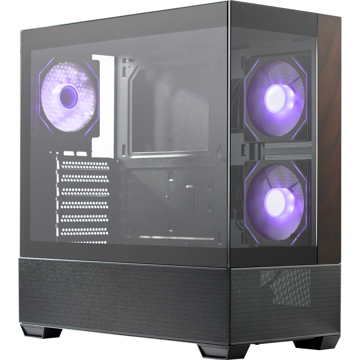 Cooler master elite 690 wood midi tower behuizing (zwart houtkleur | 2x usb-a | 1x usb-c | rgb | tempered glass)