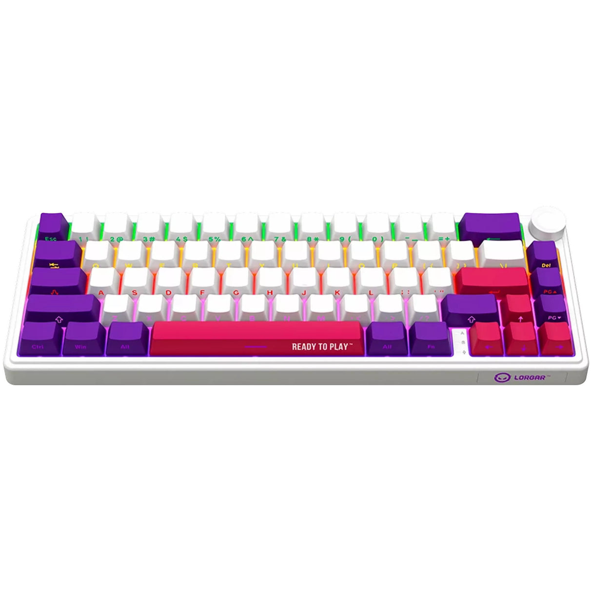 Lorgar kbp70mw, gaming toetsenbord (wit, us lay-out, logar toxic purple, 65%, rgb, hot-swappable, pbt double-shot, bluetooth 2.4ghz usb)