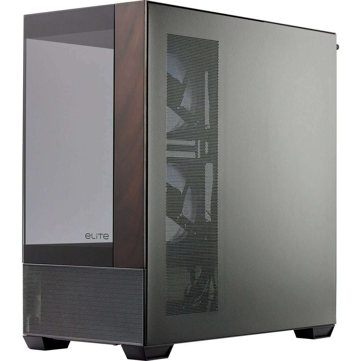 Cooler master elite 690 wood midi tower behuizing (zwart houtkleur | 2x usb-a | 1x usb-c | rgb | tempered glass)