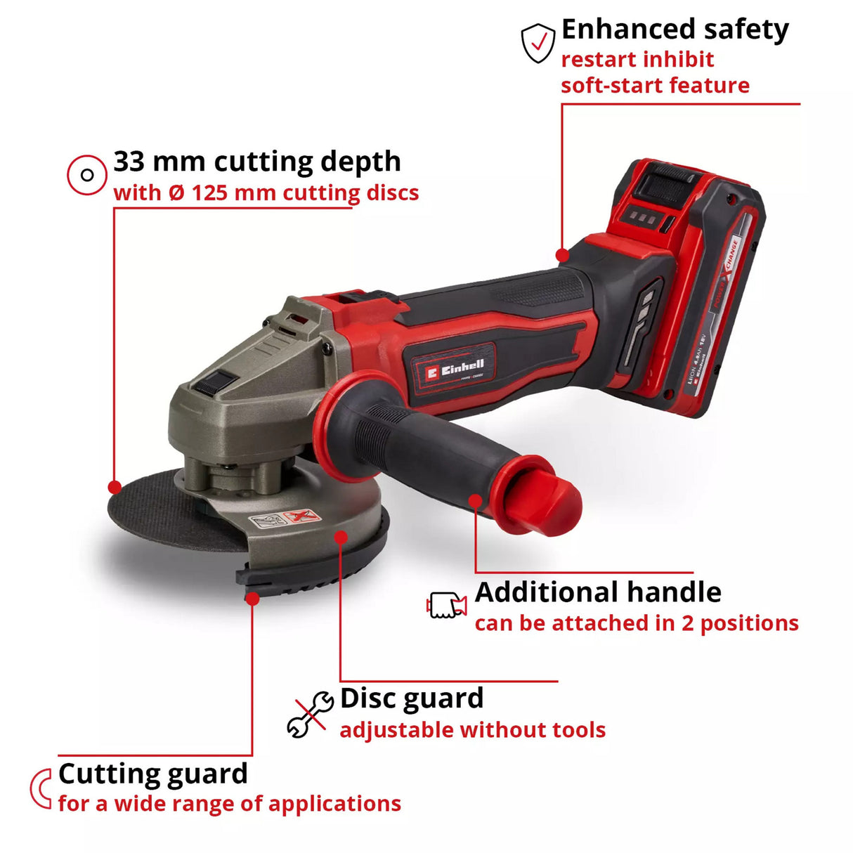 Einhell batteri vinkelslip te-ag 18 125-2 li (1x4,0 ah) vinkelslip (röd svart, inkl. 4,0 ah power x-change batteri och laddare)
