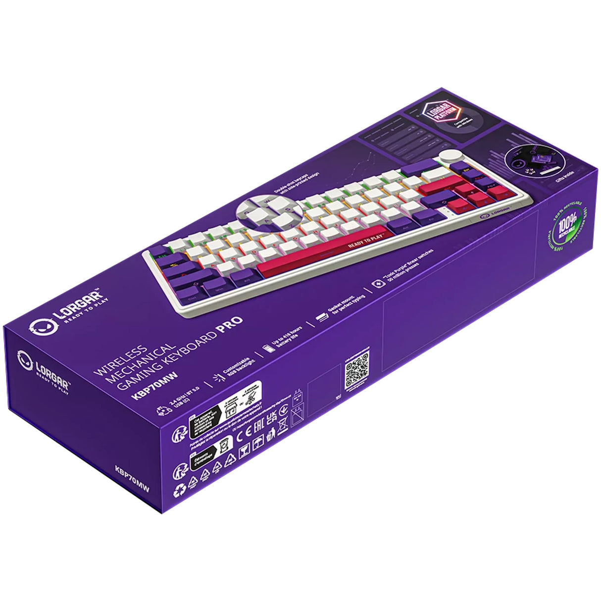 Lorgar kbp70mw, gaming toetsenbord (wit, us lay-out, logar toxic purple, 65%, rgb, hot-swappable, pbt double-shot, bluetooth 2.4ghz usb)