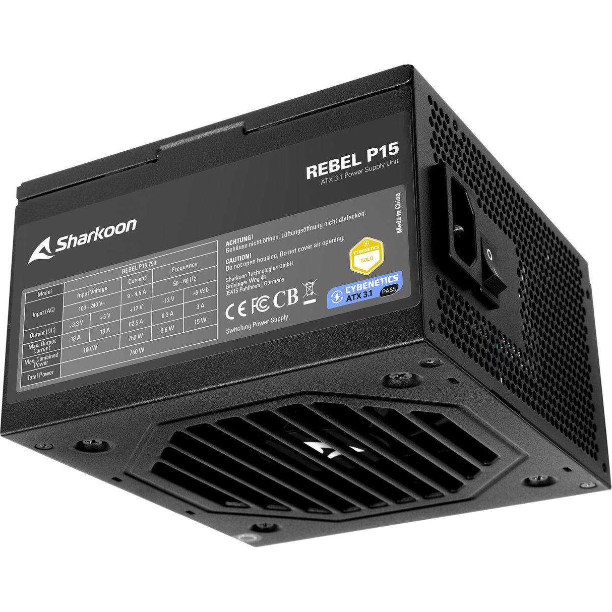 Fonte de alimentação Sharkoon rebel p15 de 750 watts (preta, 1x 12v-2x6, 4x pcie)