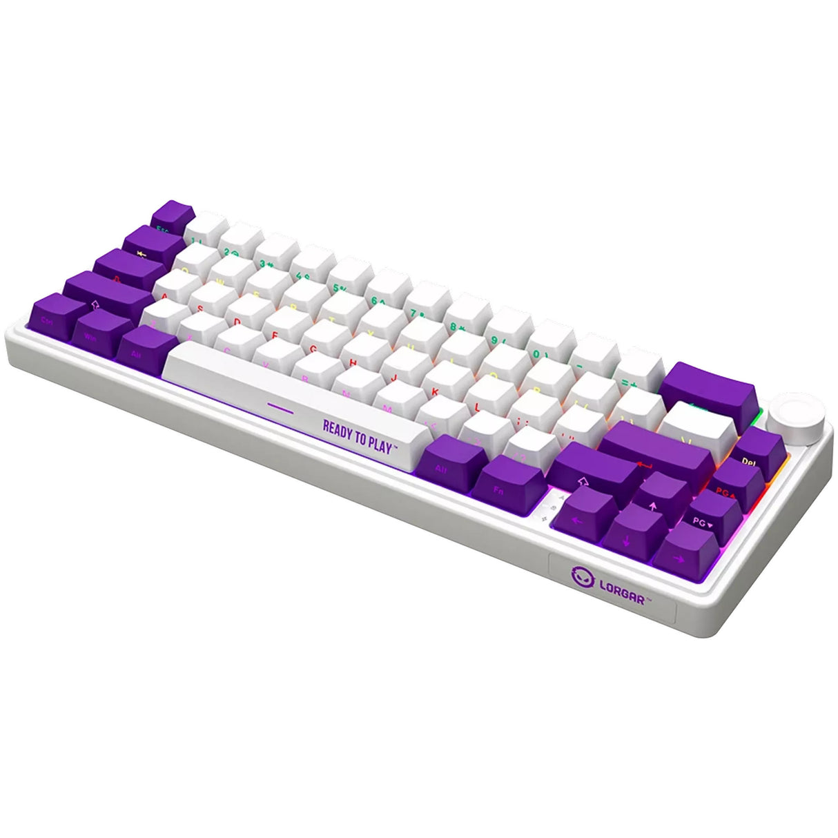 Lorgar kbp70mw, gaming toetsenbord (wit, us lay-out, logar toxic purple, 65%, rgb, hot-swappable, pbt double-shot, bluetooth 2.4ghz usb)