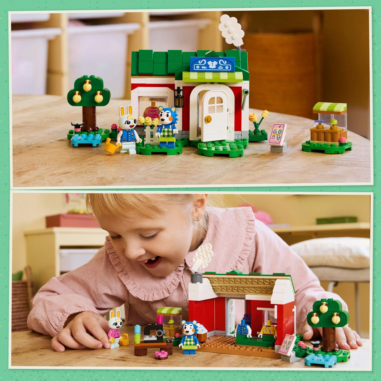 Lego animal crossing 77055 gabių seserų siuvimo parduotuvė