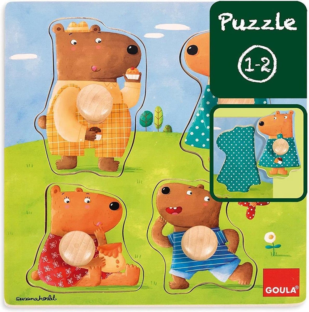 Puzzle Goula - Puzzle de bouton en bois avec 4 ours - 4 pièces