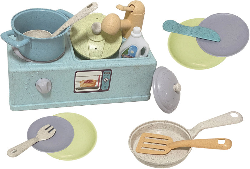 Évier de jouets de cuisine avec accessoires de cuisine recyclés