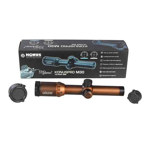 Alcance del rifle Konus Konuspro-M30 1-4x24 con demostración de la cruz de cableado iluminado