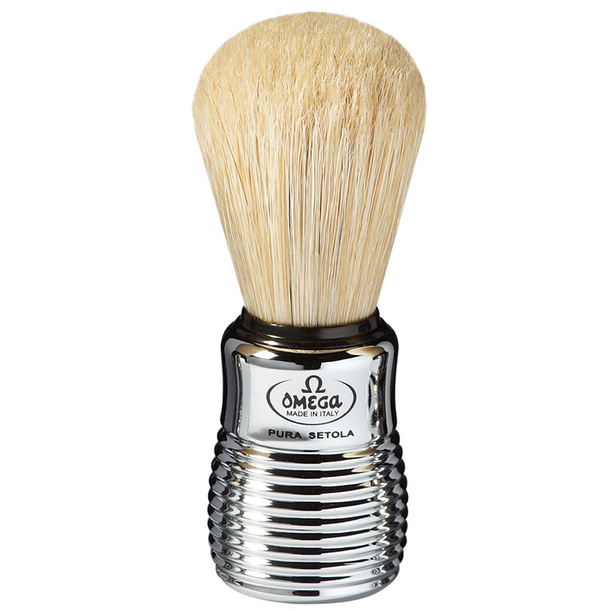 Omega shaving brush pig bristle chrome ribbed handle 11cm