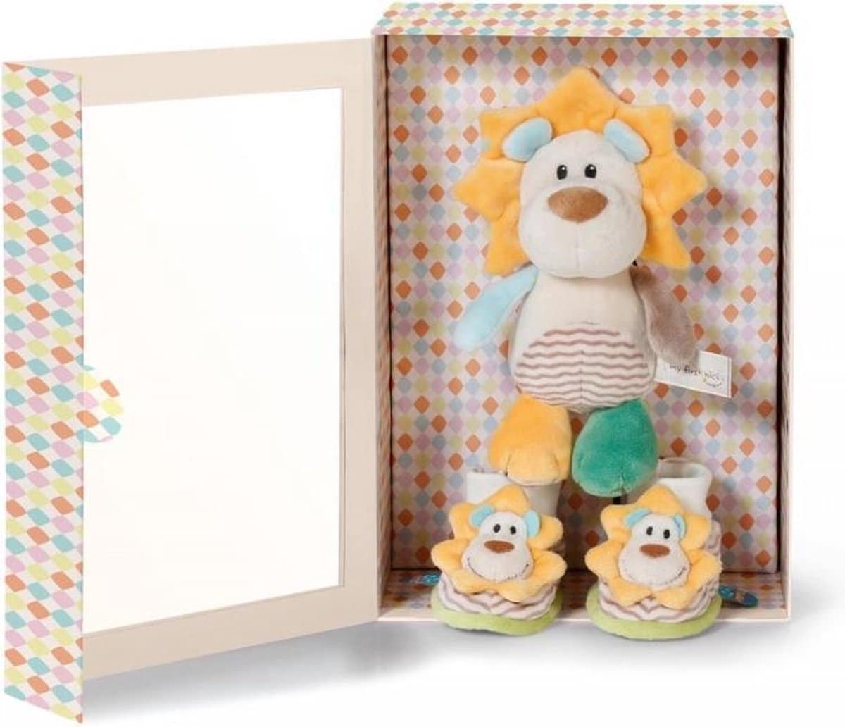 Van der doelen nici stoffen leeuw met babyslofjes in kado doos