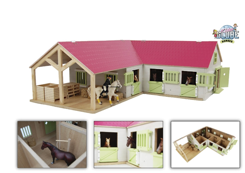 Kids Globe Globe Paardenhoekstal con 3 scatole e archiviazione rosa 1:24