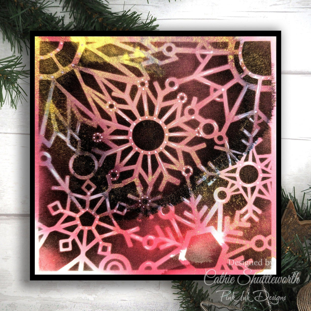 Pink ink designs • stencil abstract snowflakes
