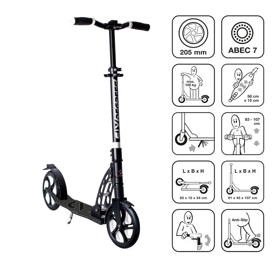 Scooter à six degrés à 2 roues avec suspension avant frein à pied pliable noir
