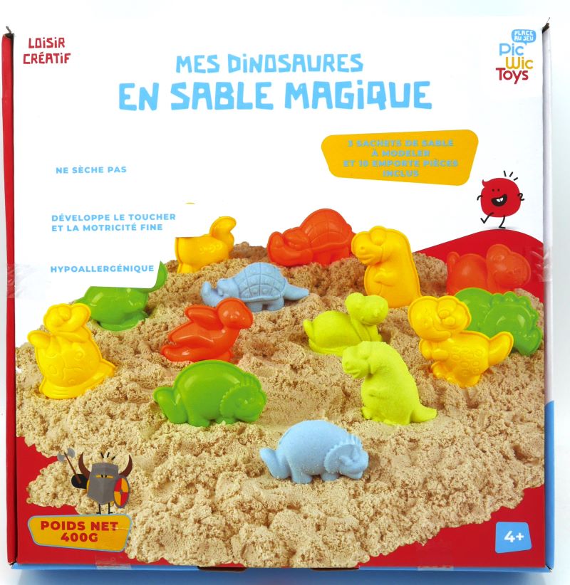 Playgo indoor play sand with 10 dinosaur shapes.