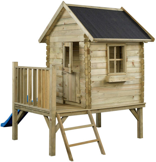 Swinging Camilla Wooden Playhouse avec toboggan bleu naturel