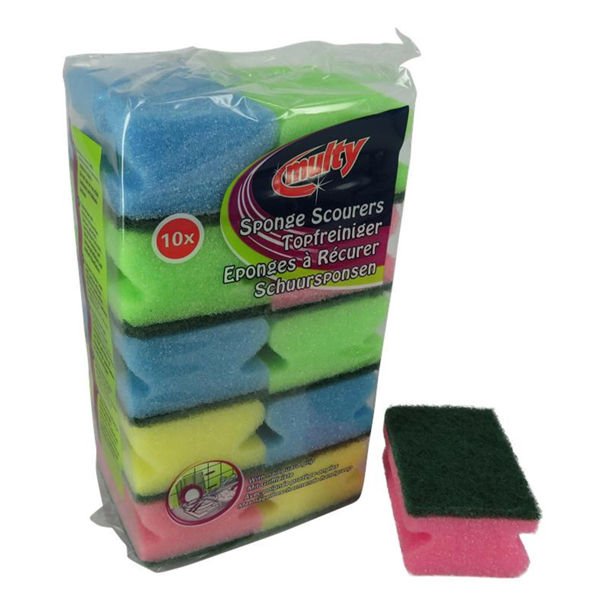 Multy scouring sponge with handle, pack of 10