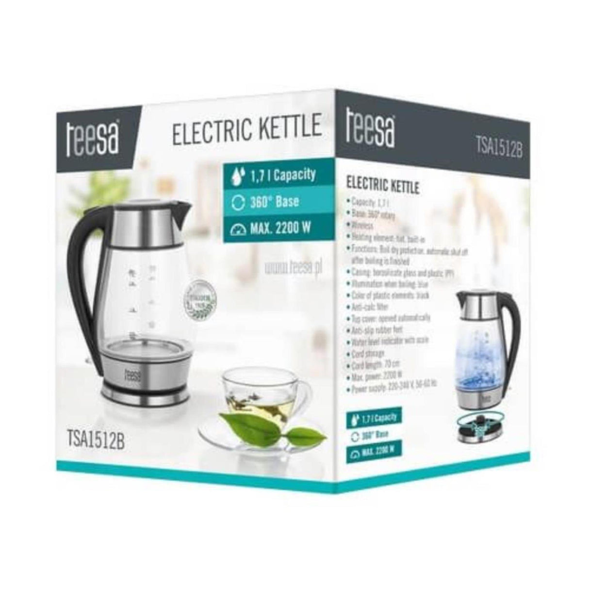 Teesa waterkoker glas rvs 1,7l zwart