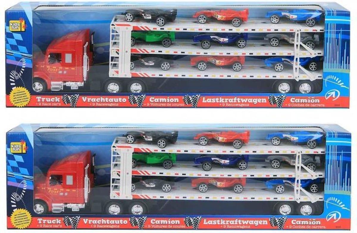 Jonotoys large truck with trailer and 9 racing cars on it 58 cm long