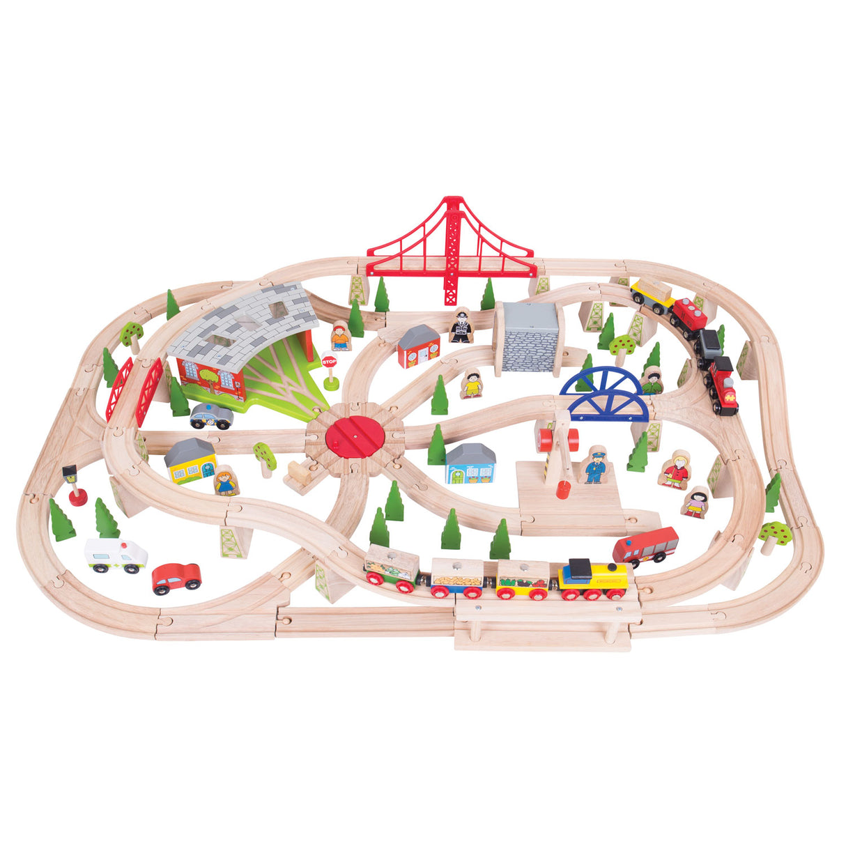 Leseni vlak Bigjigs v leseni škatli, 130dlg.