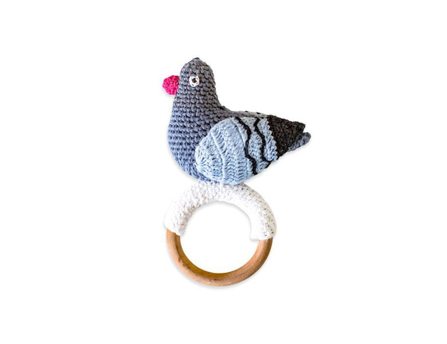 NOOX City Kids Wooden Teething Ring with Crocheted Pigeon 100% Fair
