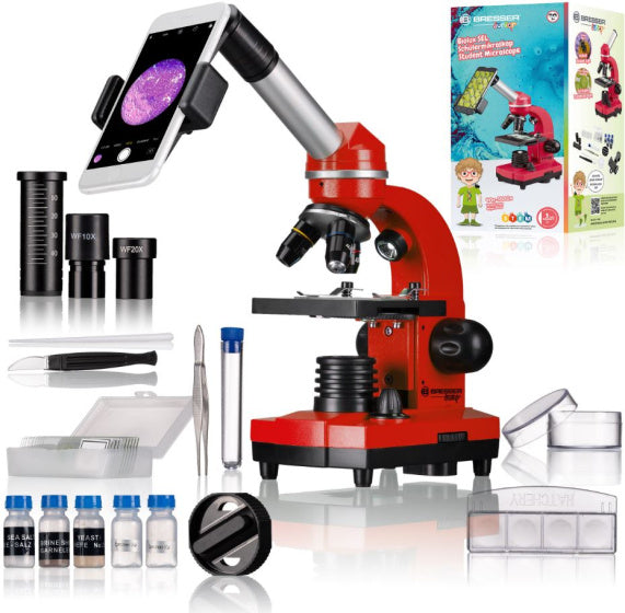 Microscope Bresser Junior 29 cm en acier rouge 28 pièces