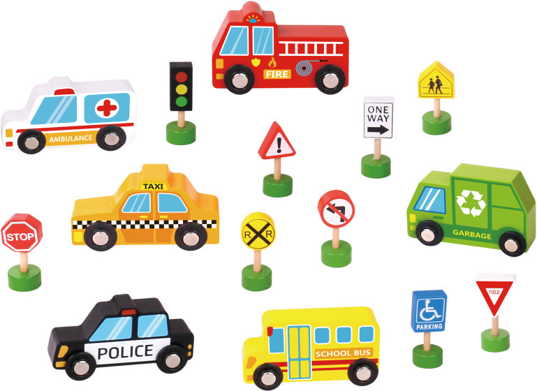 Tooky toy Wooden Vehicles and Traffic Signs Set 16-piece