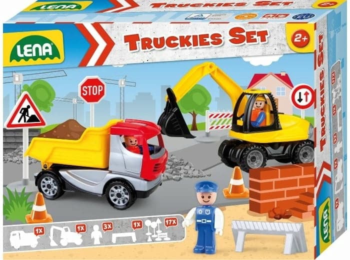 Lena Truckies satte grävmaskin med Tilt Truck 3 Play -figurer och trafikskyltar